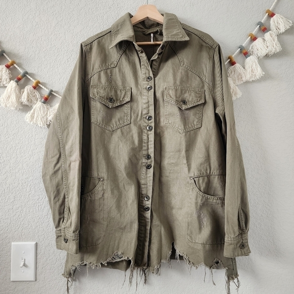 Free People Moonchild Distress Sage Dress Longline Shacket Grunge Boho Chic M - Picture 1 of 12